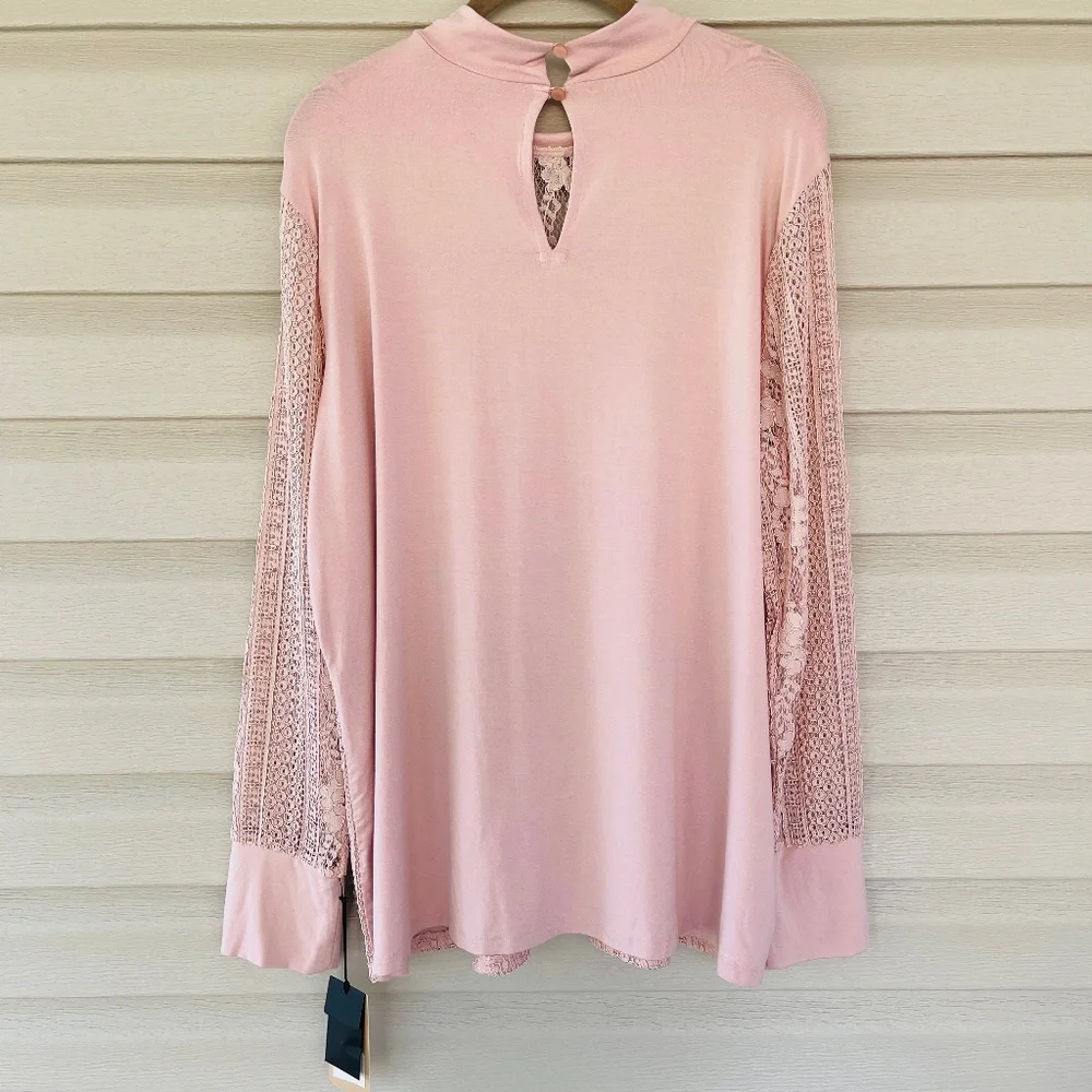 Halogen Pink Smoke Floral Lace Mock Neck Top
